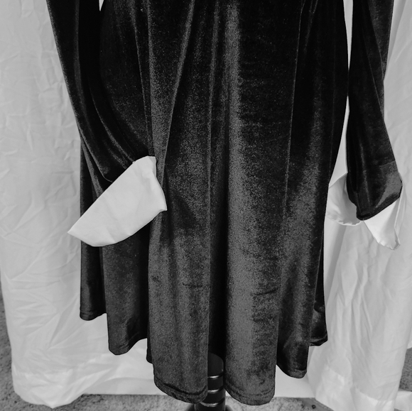 "Wednesday" Black Velvet-Type Dress with White Accents - Picture 4 of 4